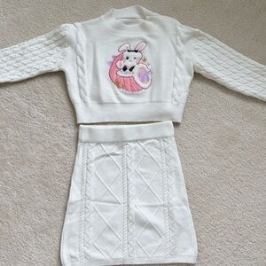 Cream Cable Knit Two-Piece Set with Pink Cartoon Patch